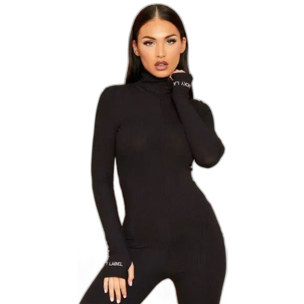 Women's Large Black Stretchy Ribbed Lucky Label Long Sleeve Bodycon Body Suit